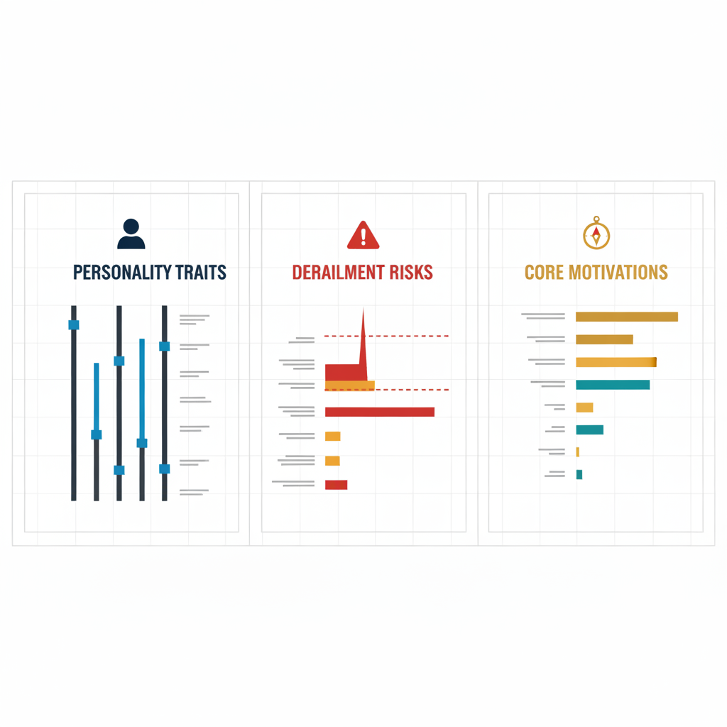 Sample Hogan assessment report panels showing personality traits, derailment risks, and core values